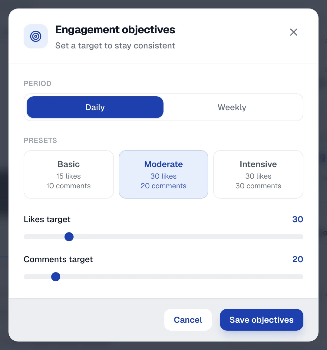 The Engagement objectives window with Daily and Weekly, the three presets and two target sliders.