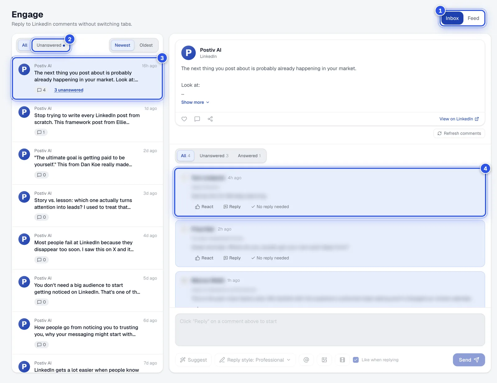 The Engage inbox. 1 marks the Inbox and Feed tabs, 2 the Unanswered filter, 3 a post with its unanswered count and 4 the comment thread.