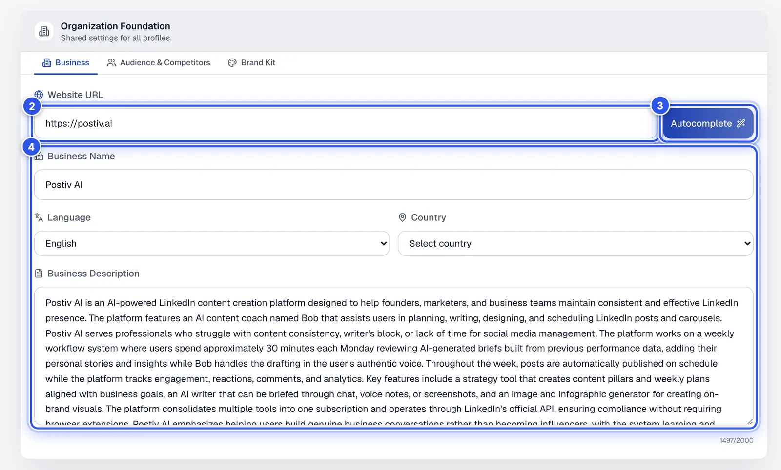 The Business tab with website, business name, language, country and description