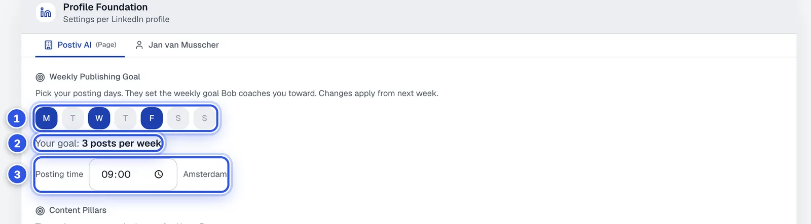 The Profile Foundation card with a profile tab, posting days and posting time