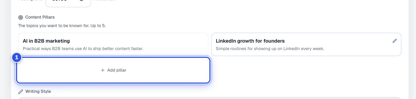 The Content Pillars section with two pillars and the Add pillar button