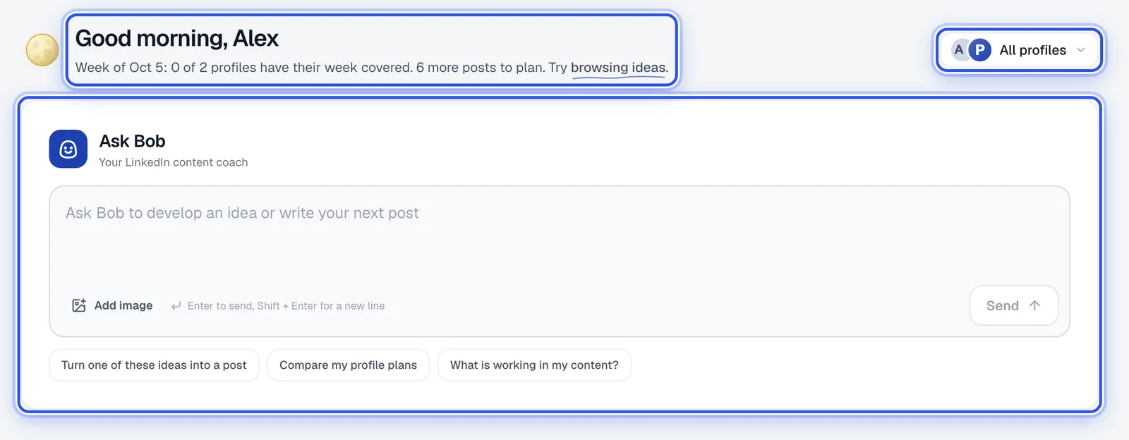 The top of Home with the greeting, the profile picker and the Ask Bob box.
