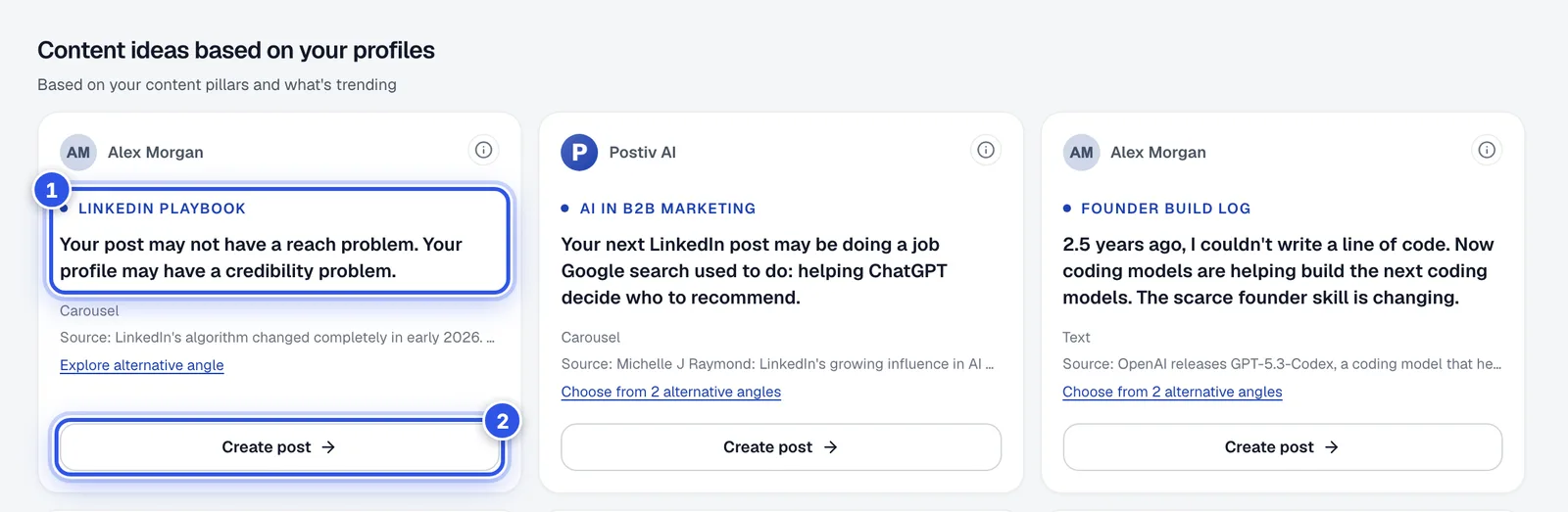 An idea card on Home. 1 marks the pillar and headline and 2 marks the Create post button.