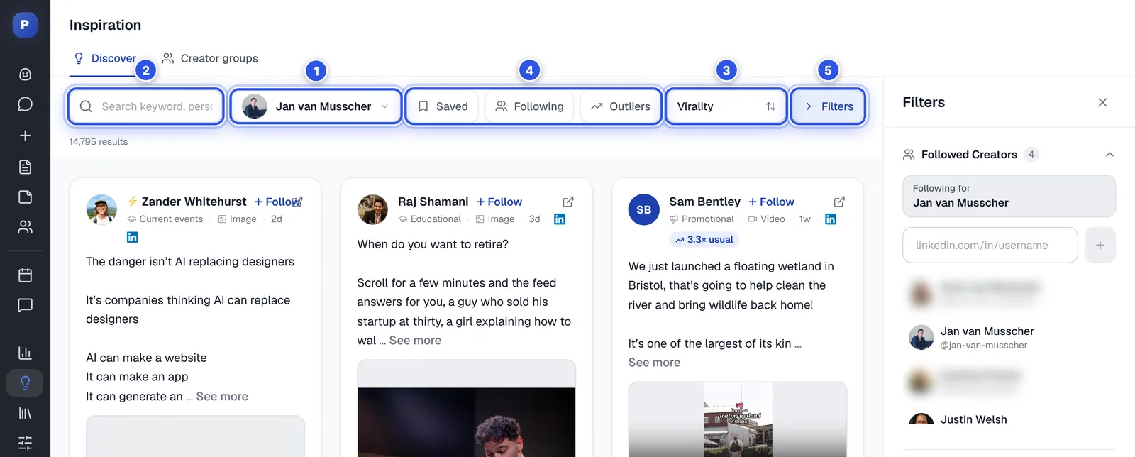 The Inspiration feed with the search bar, quick filters and the Filters panel
