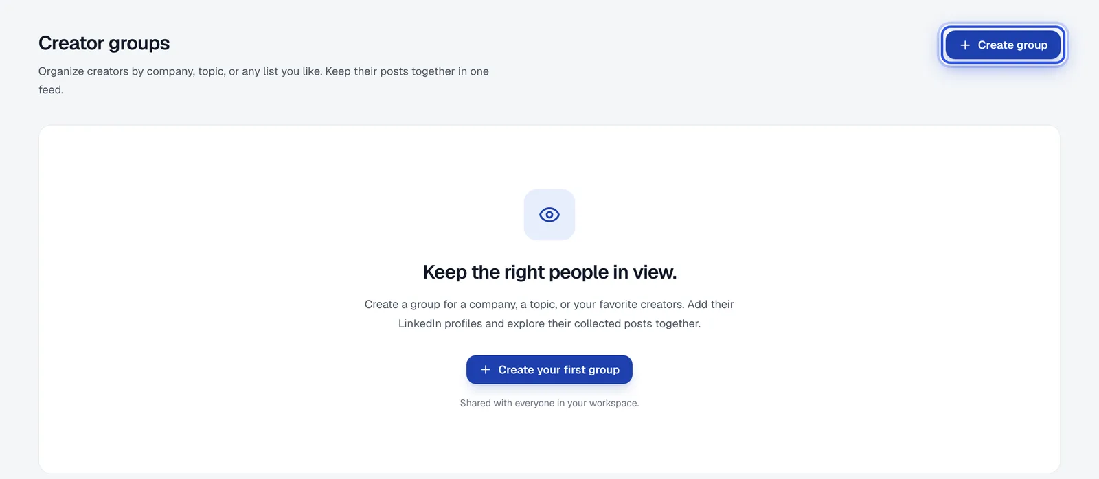 The Creator groups page with the Create group button highlighted