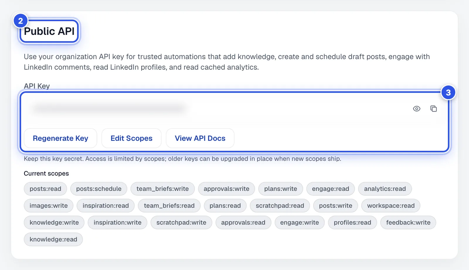 The Public API section of a workspace that already has a key. 2 marks the Public API section and 3 marks the hidden key field and the buttons under it.