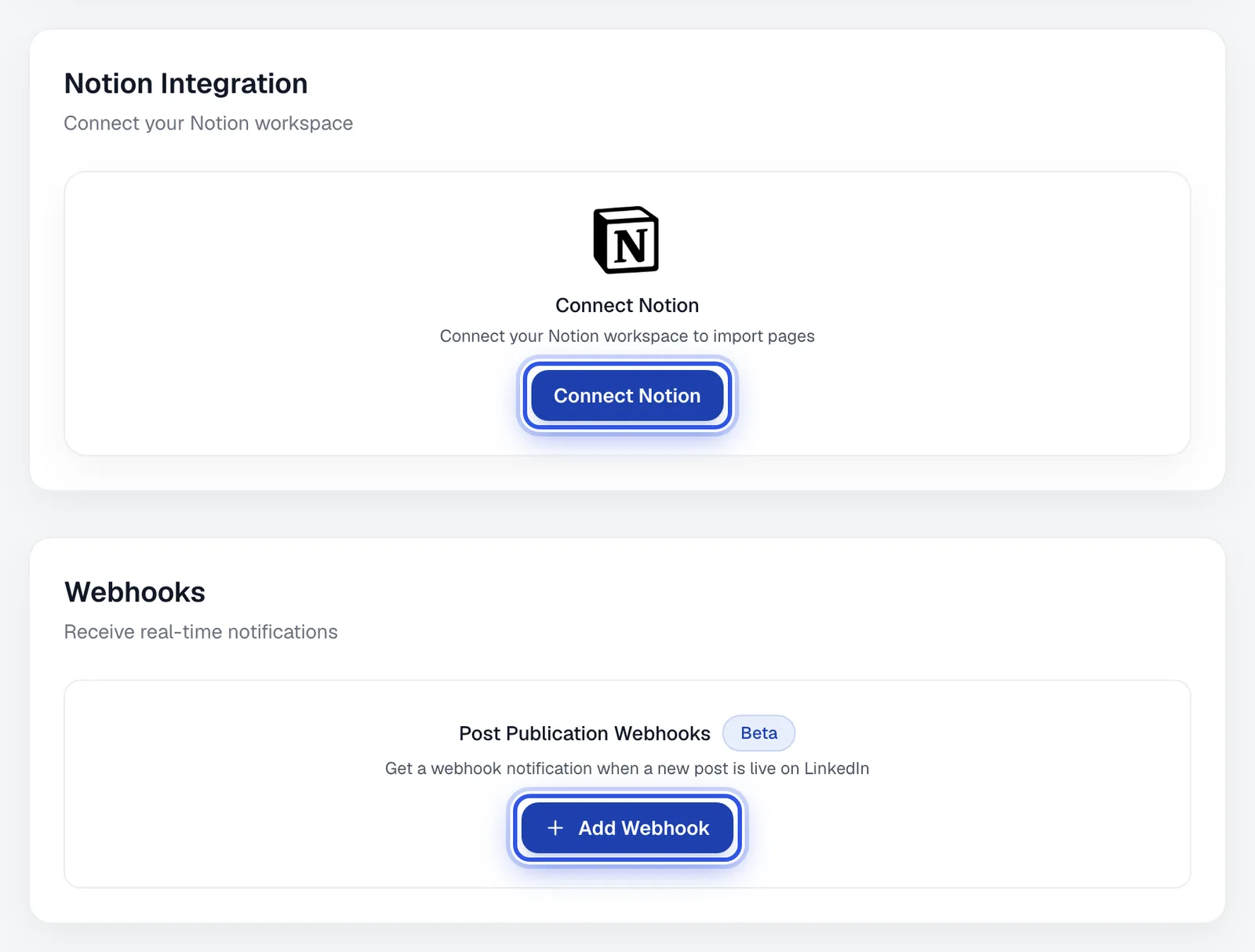 The Notion Integration and Webhooks sections, with the Connect Notion and Add Webhook buttons outlined.
