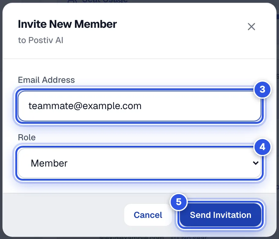 The Invite New Member dialog with an email address and role