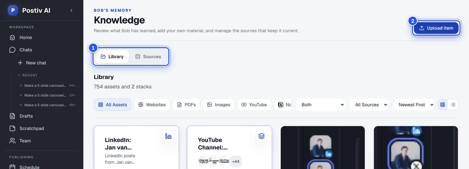 The Knowledge page with the Library and Sources views and the Upload item button