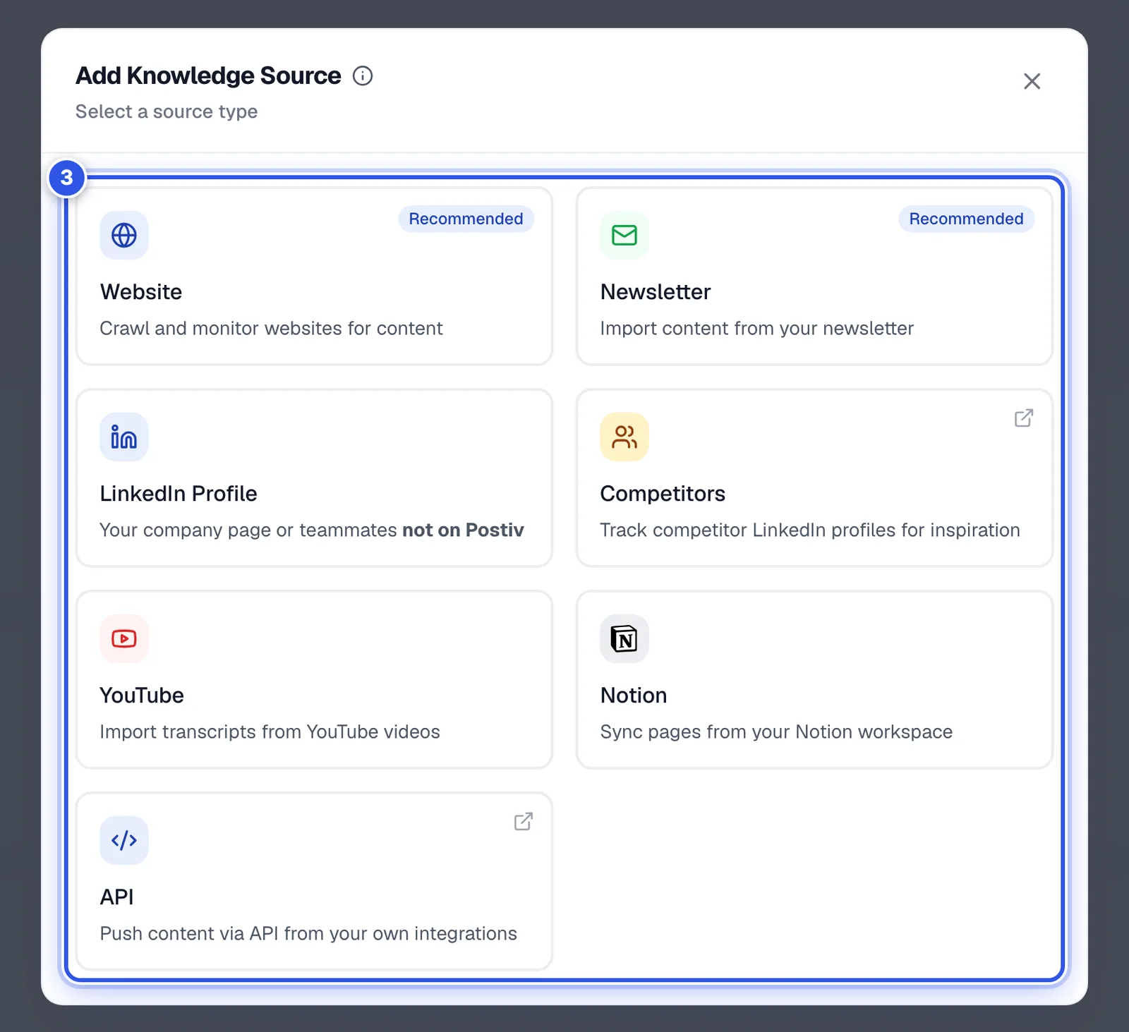 The Add Knowledge Source window listing the source types