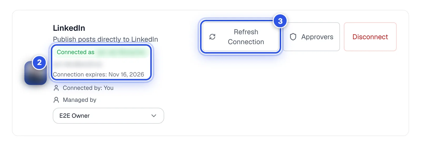 The LinkedIn Accounts tab with a connected profile. 2 marks the connection status and 3 marks the Reconnect or Refresh Connection button.