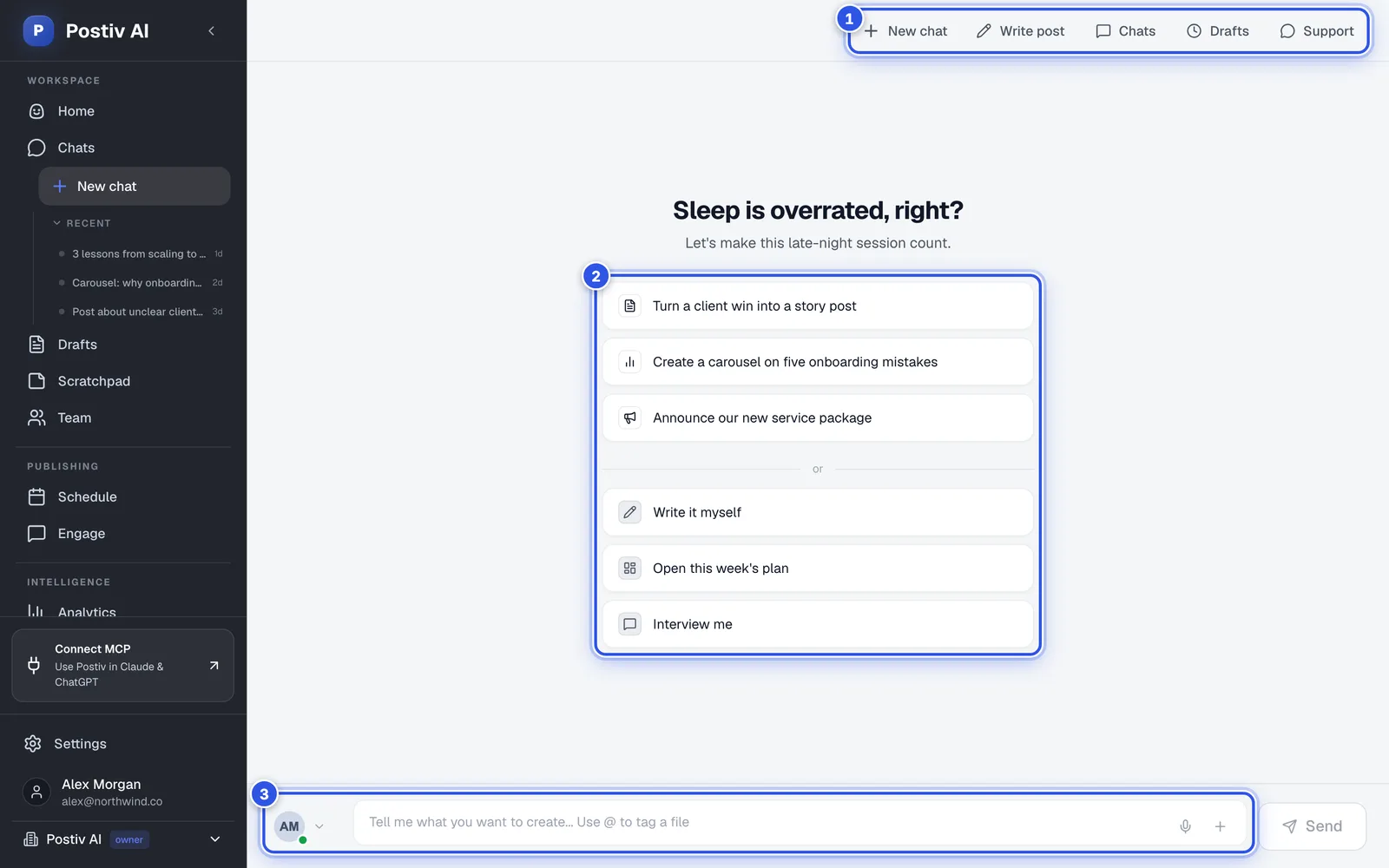 A new chat with Bob. 1 marks the toolbar, 2 the suggested prompts and 3 the message box.