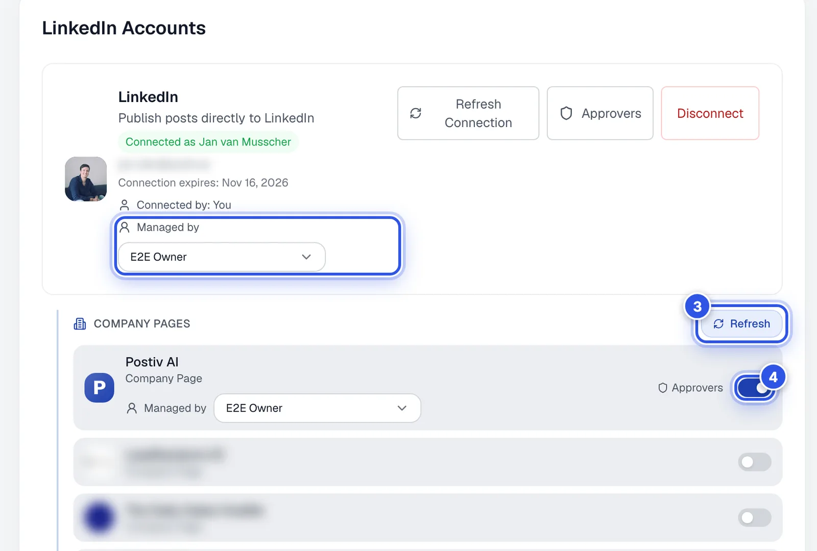The LinkedIn Accounts settings with a connected profile and its company pages