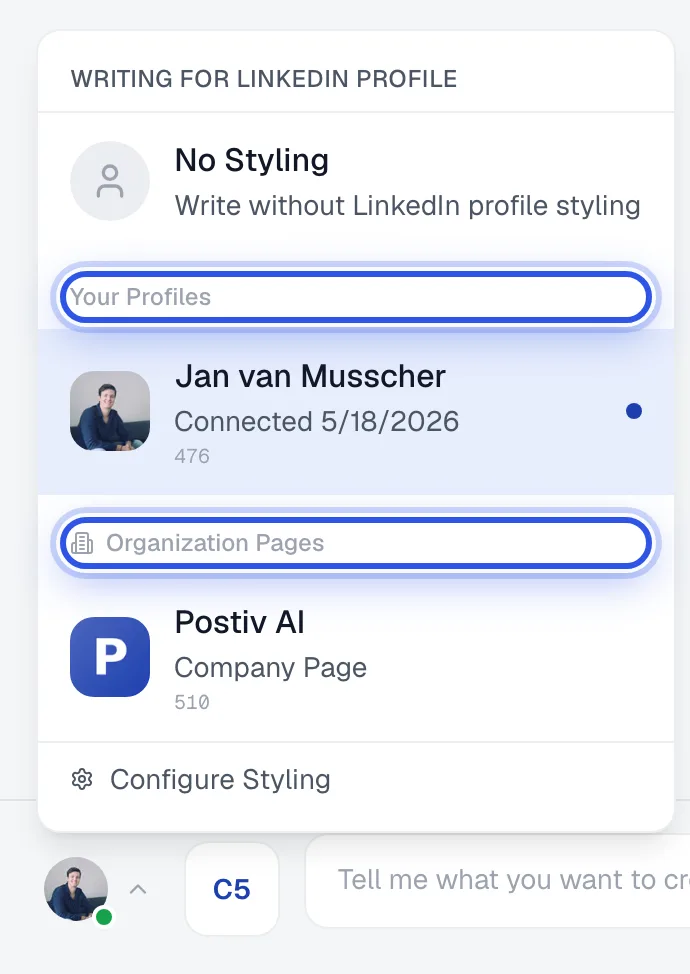 The profile picker in the chat composer open, with Your Profiles, Organization Pages and Team Profiles