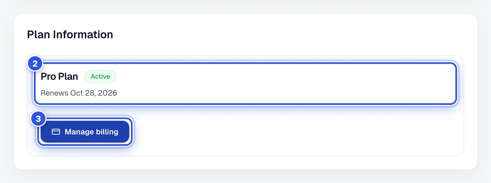 Plan Information on the General tab with a Manage billing button. 2 marks the plan card and 3 marks Manage billing.