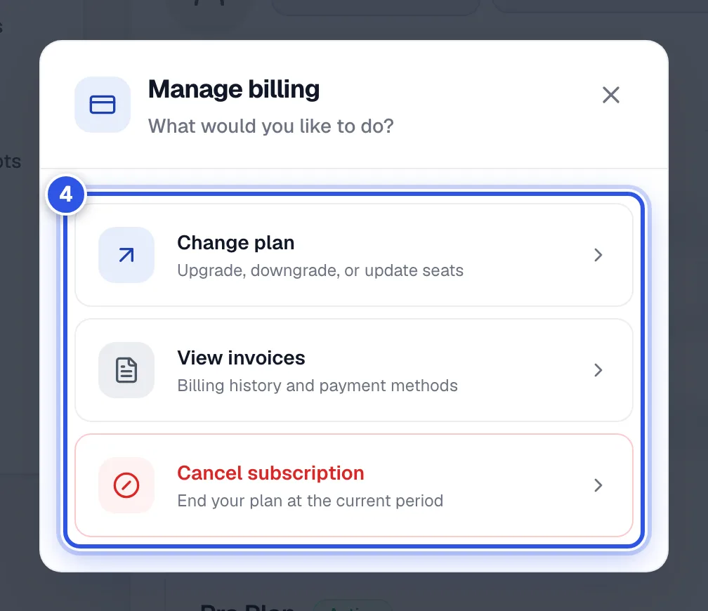 The Manage billing window with three options. 4 marks Change plan, View invoices and Cancel subscription.