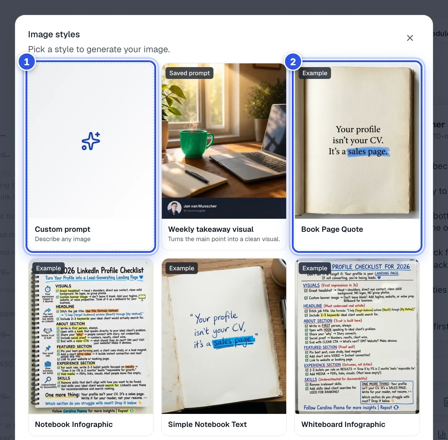 The Image styles window with style tiles. 1 marks the Custom prompt tile and 2 a style tile with an example image.
