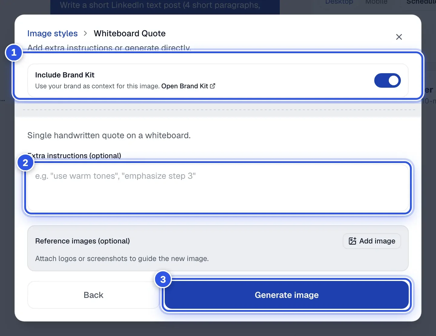 The options screen for one style. 1 marks the Include Brand Kit switch, 2 the Extra instructions box and 3 the Generate image button.