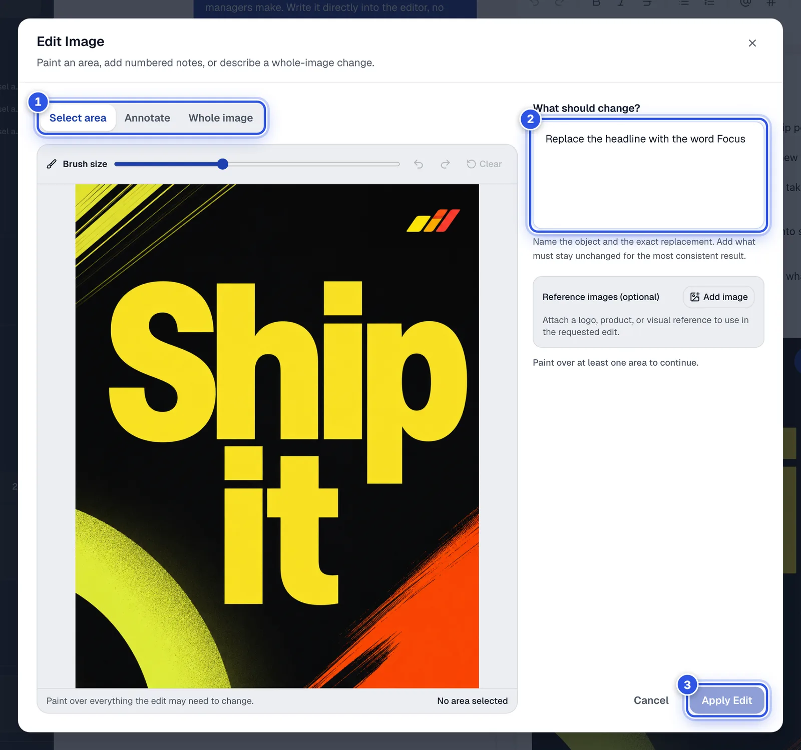 The Edit Image window with the Select area, Annotate and Whole image options. 1 marks the three modes, 2 the instructions box and 3 the Apply Edit button.