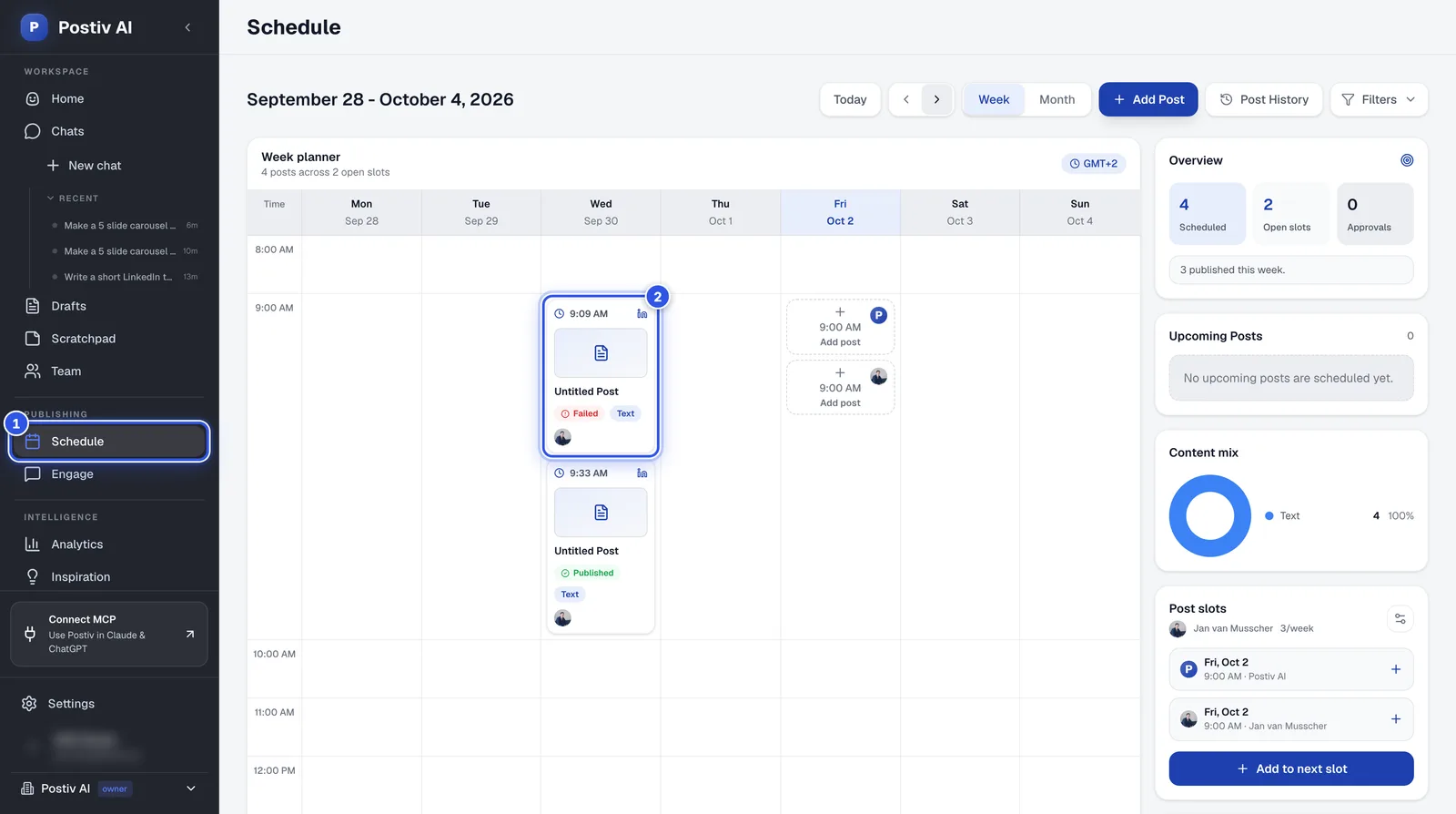 The Schedule calendar. 1 marks Schedule in the sidebar and 2 marks a post in the calendar.