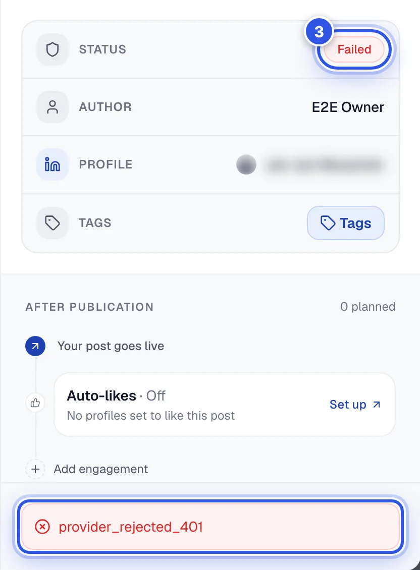 The Post preview window of a failed post. 3 marks the Status badge and the message at the bottom of the panel.
