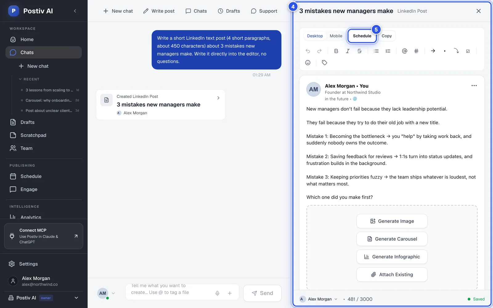 A post draft open in the editor next to the chat. 4 marks the draft and 5 marks the Schedule button.
