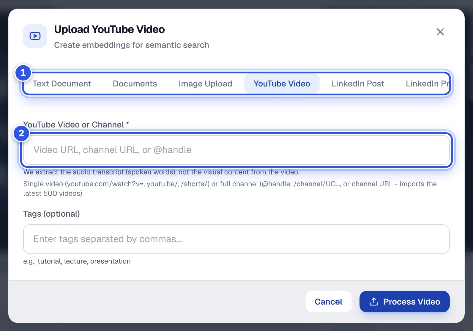 The Upload item window on the YouTube Video tab. 1 marks the tab row and 2 the video link field.