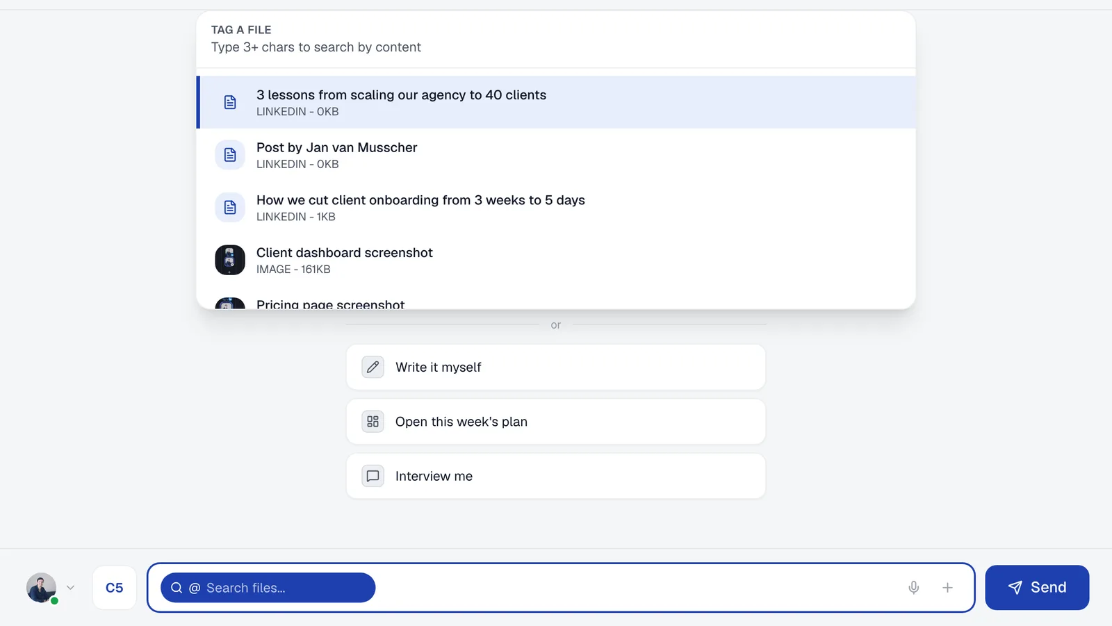 The Tag a file list open above the chat message box after typing @.