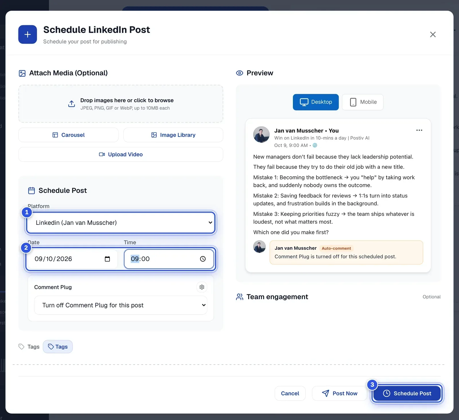 The Schedule LinkedIn Post window. 1 marks the Platform menu, 2 the Date and Time fields and 3 the Schedule Post button.