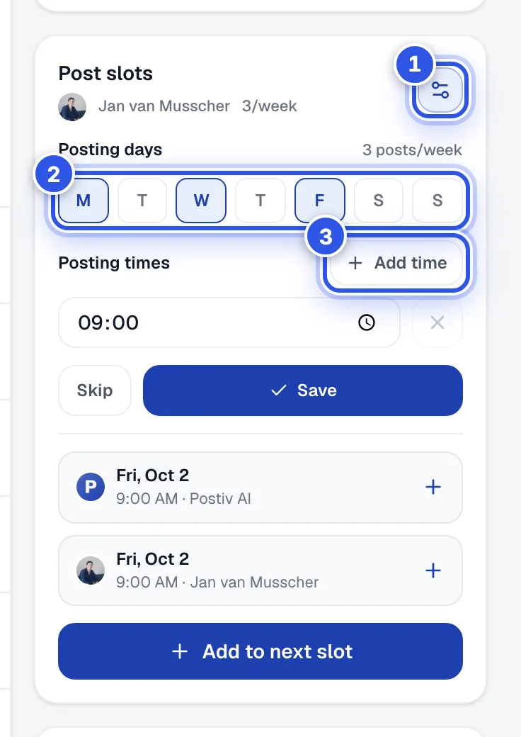 The Post slots panel open, showing Posting days and Posting times. 1 marks the gear icon, 2 the day buttons and 3 the Add time button.