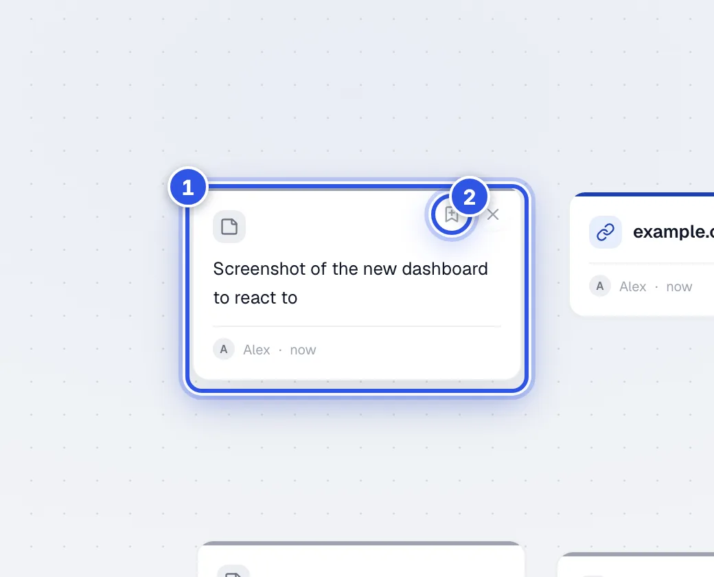 A Scratchpad card with its hover actions. 1 marks the hover buttons and 2 marks Save to Knowledge.