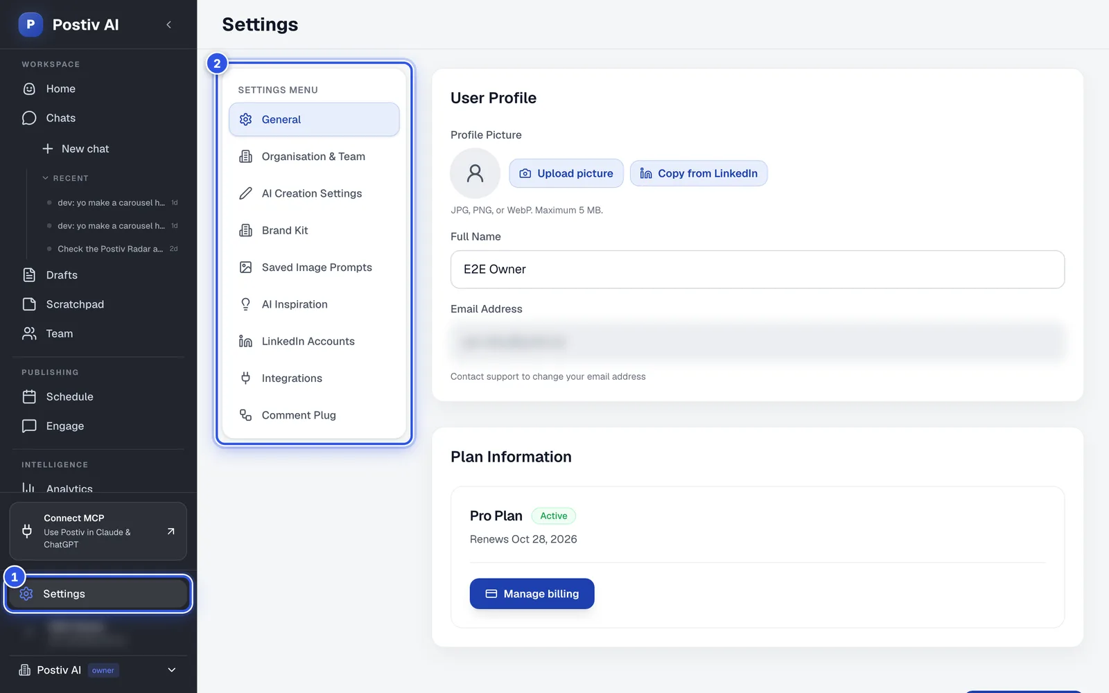 The Settings page with the Settings menu on the left. 1 marks Settings in the sidebar and 2 marks the Settings menu.
