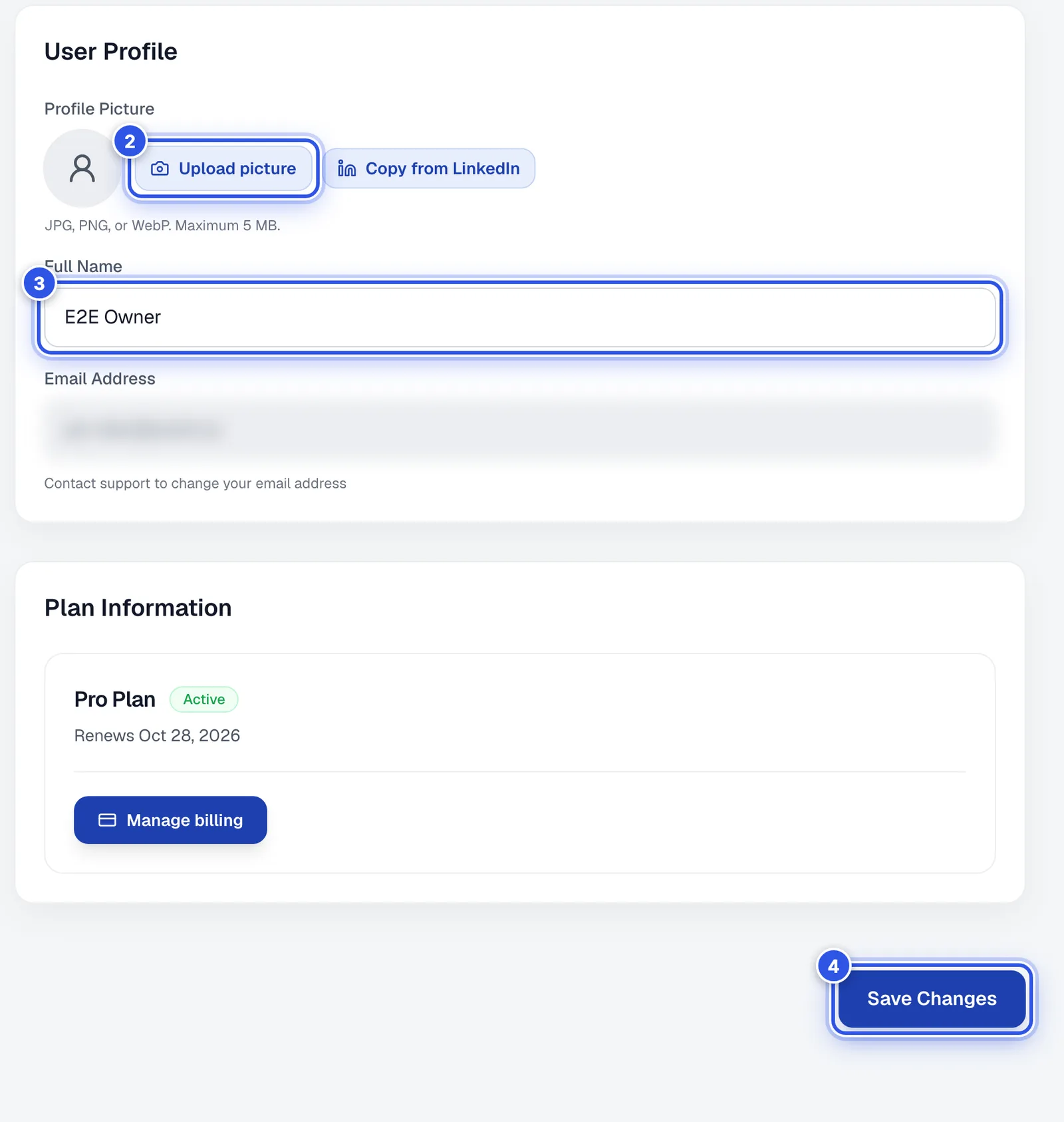The General tab. 2 marks the picture upload button, 3 marks the Full Name field and 4 marks Save Changes. The Plan Information card sits underneath.