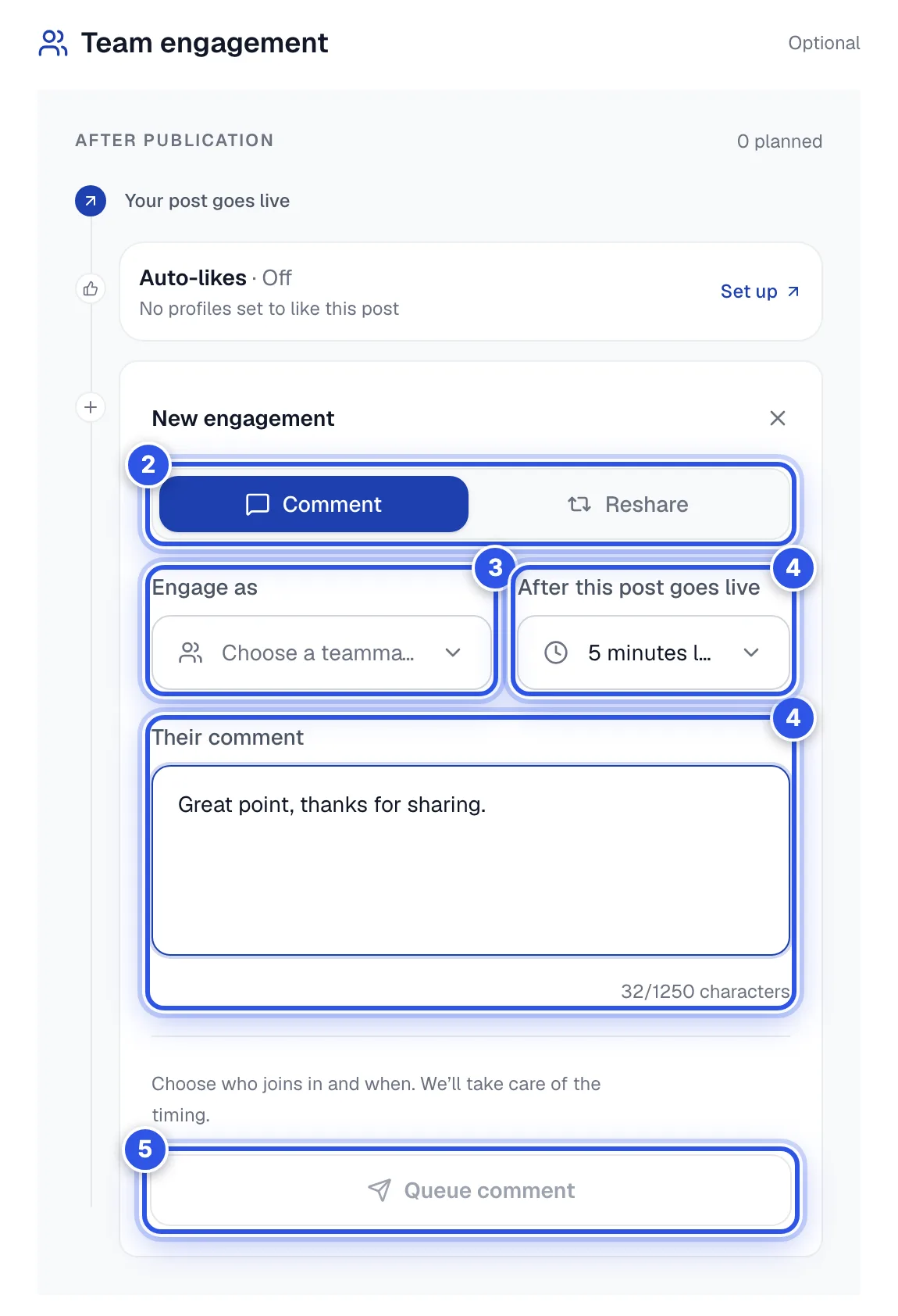 The Team engagement section on a scheduled post with the composer open