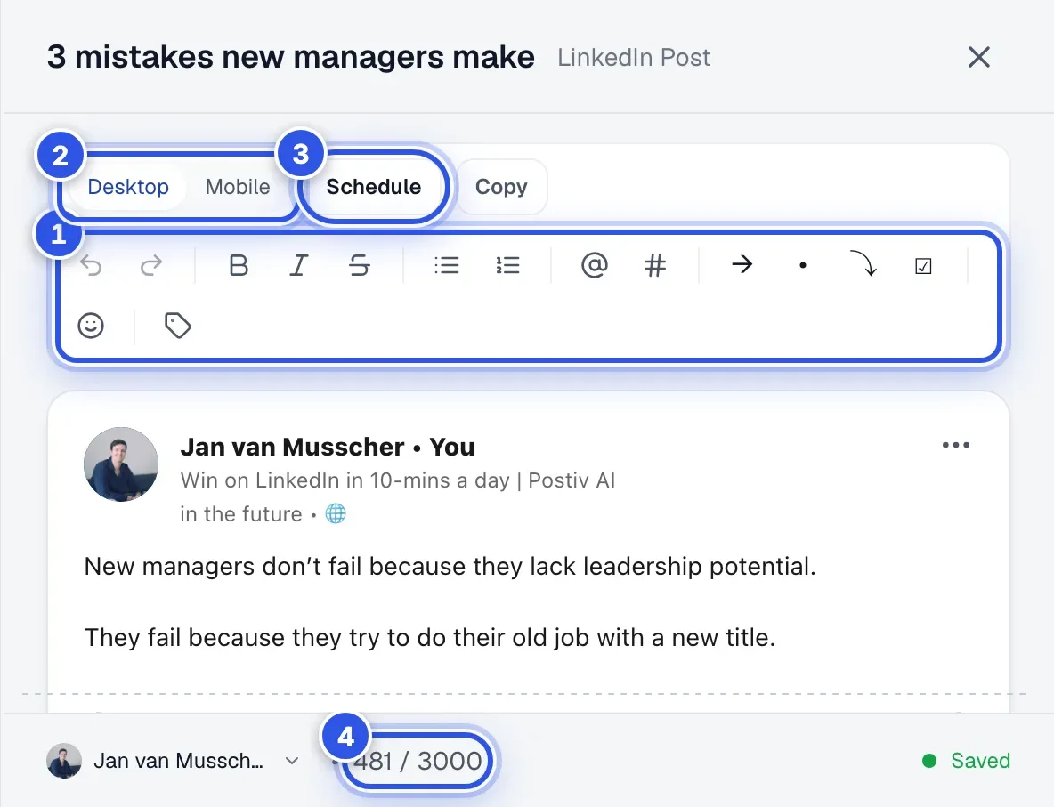 The post editor panel. 1 marks the formatting toolbar, 2 the Desktop and Mobile preview switch, 3 the Schedule button and 4 the character counter.