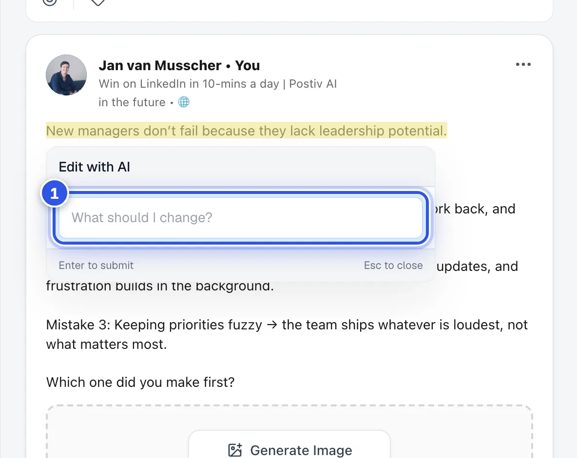 The Edit with AI box open over selected text in the post.