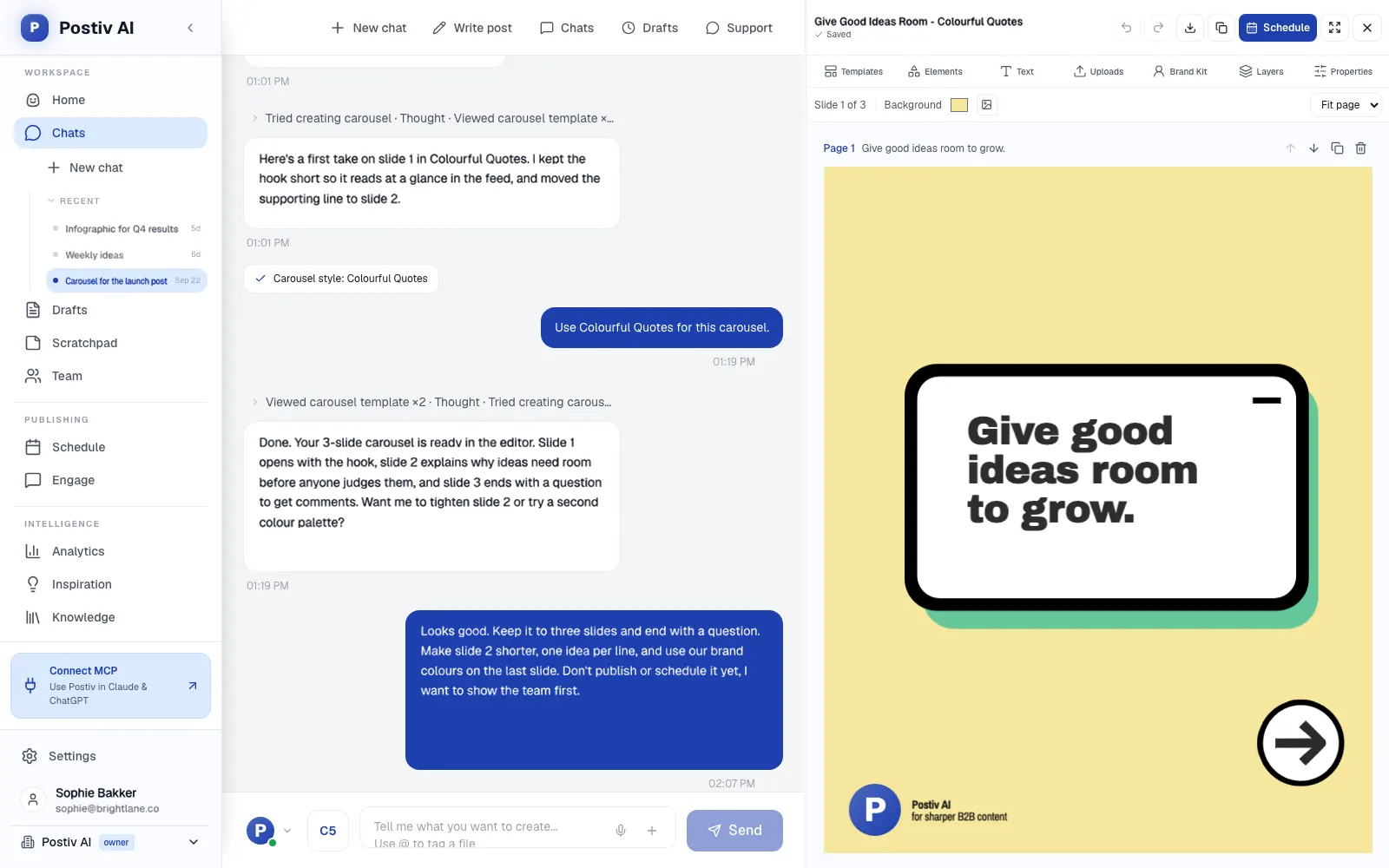 A Postiv chat that builds a carousel, shown next to the carousel editor