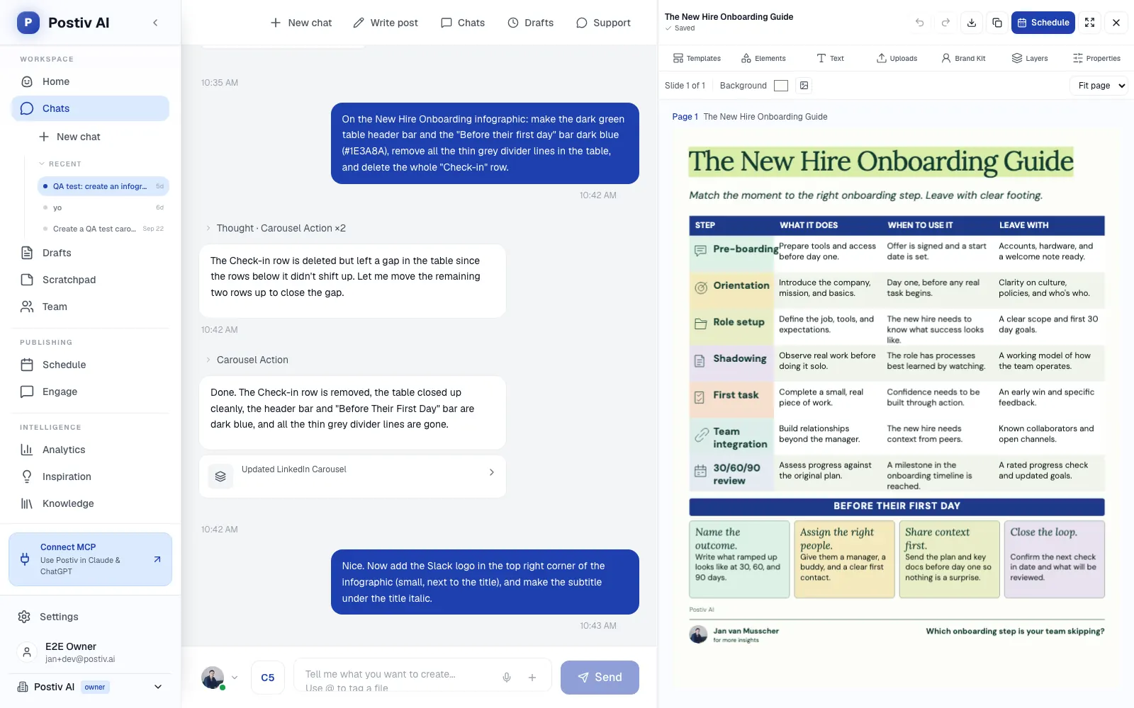 A Postiv chat editing an infographic next to the infographic editor