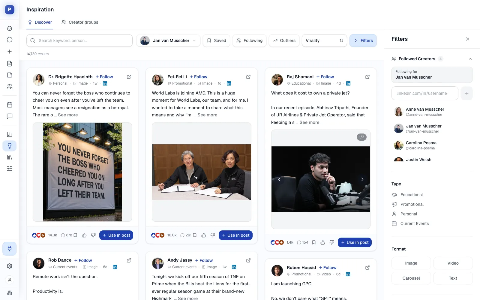 Postiv's inspiration library of trending LinkedIn posts, with creator and format filters