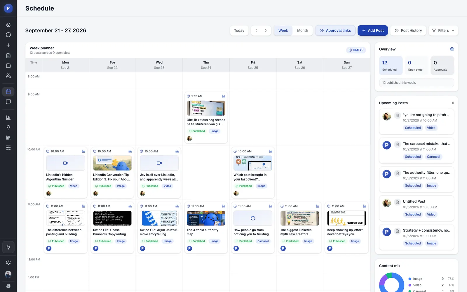 Postiv's week planner calendar with scheduled posts, an approvals count and upcoming posts