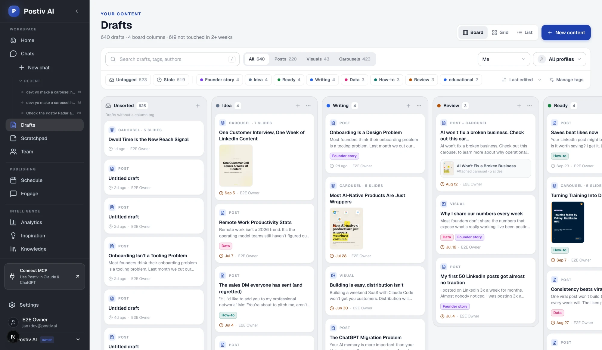 Postiv's drafts board with Idea, Writing, Review and Ready columns