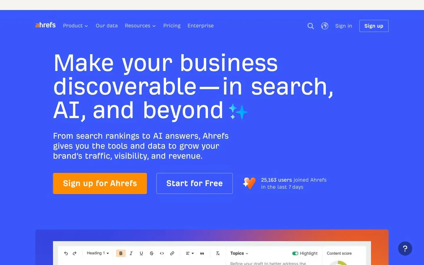 Ahrefs' website hero, with a headline about making a business discoverable in search, AI and beyond