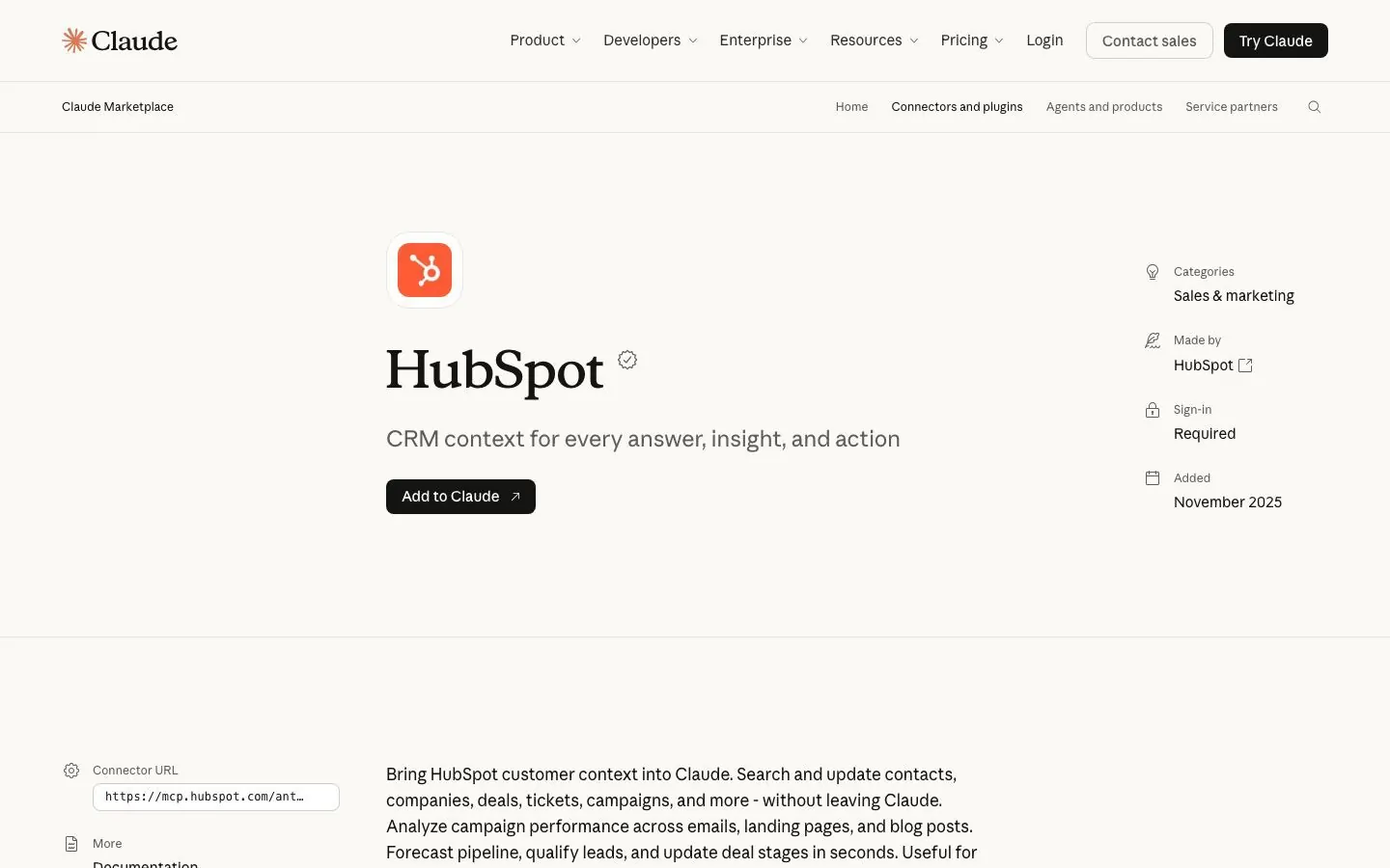 Claude's directory listing for the HubSpot connector, showing the Made by line, the verified badge, the Sales and marketing category and the Add to Claude button