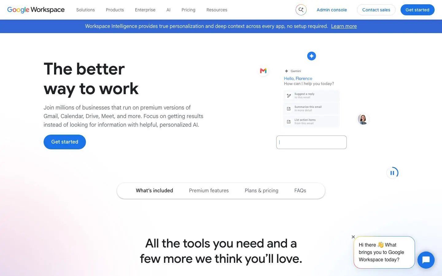 Google Workspace's website hero, with a headline about a better way to work and a Gmail assistant panel