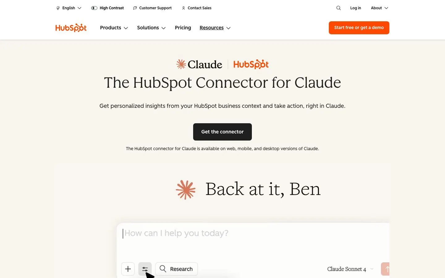 HubSpot's website hero for its connector for Claude, with both logos above a chat box