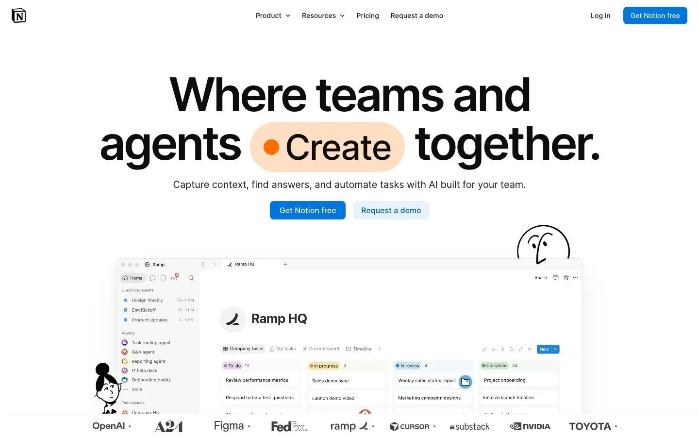 Notion's website hero, with a headline about teams and AI agents creating together above a project board