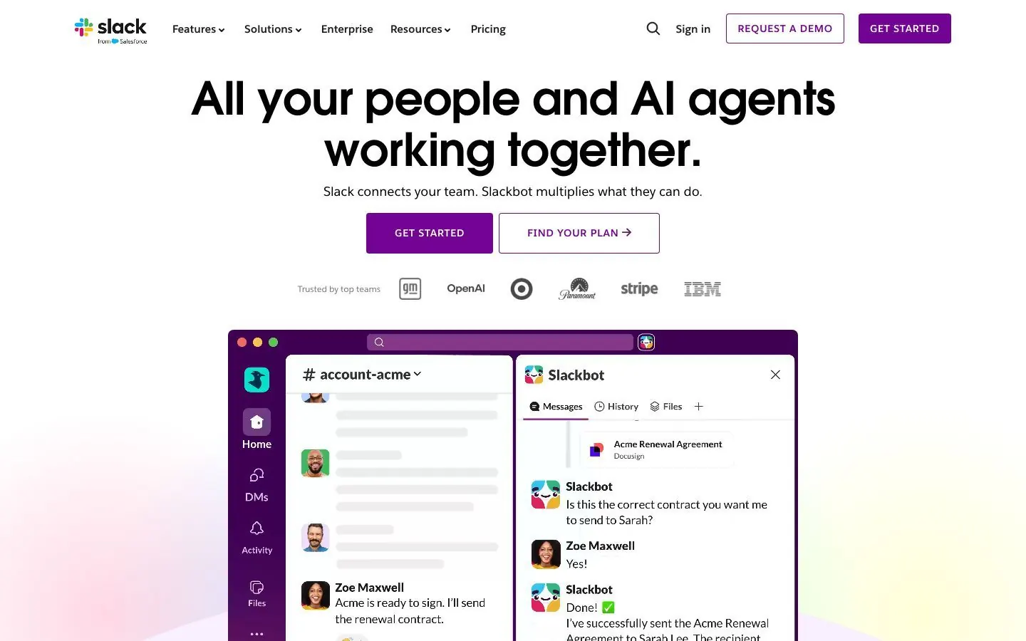 Slack's website hero, with a headline about people and AI agents working together above a Slackbot conversation