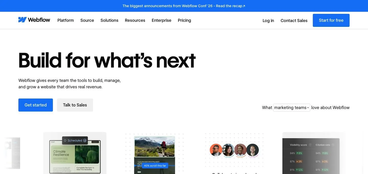 Webflow's website hero, with a short headline about building for what is next and a row of product tiles