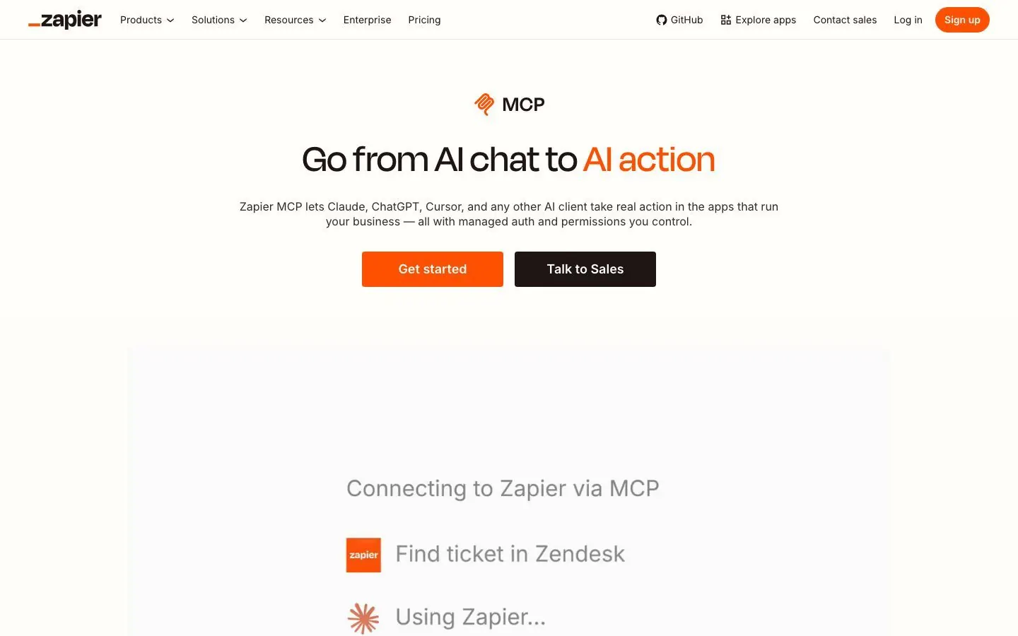 Zapier's website hero on its MCP page, with a headline about going from AI chat to AI action