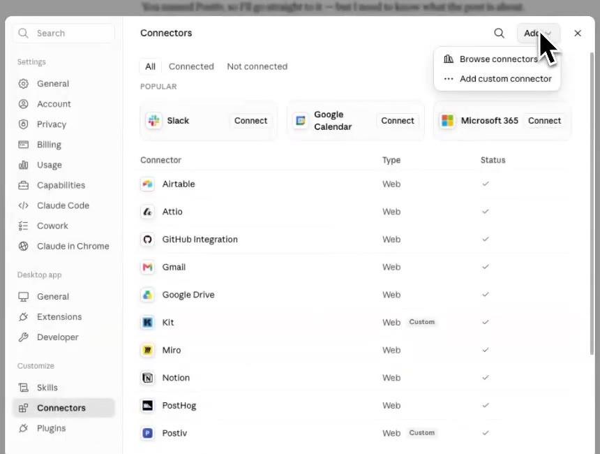 Claude Connectors page with Add custom connector selected
